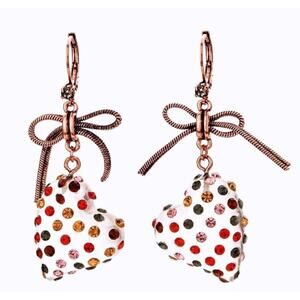 Crystal studded lucite Heart with Copper Bow Dangle Earrings NEW